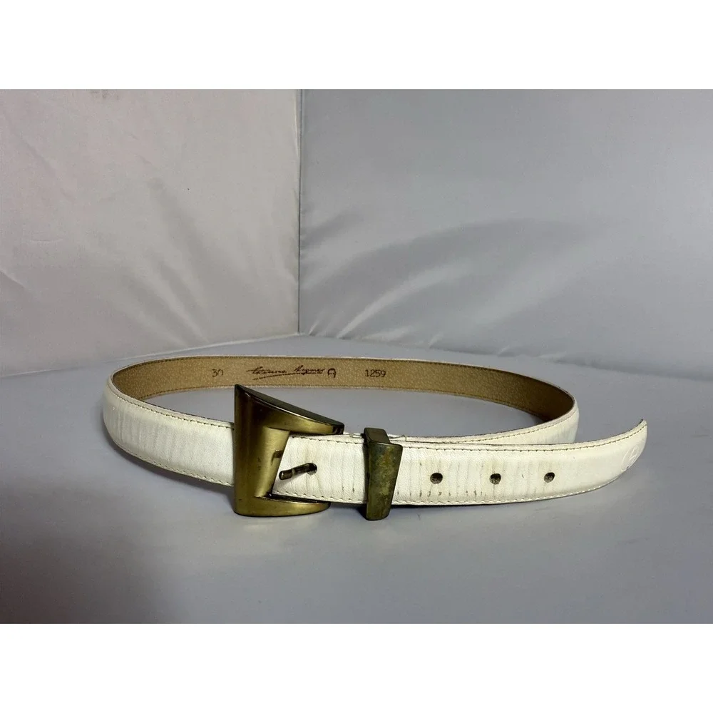 Etienne Aigner White Leather Belt Size 30 Ornate Brass Buckle Italy 1259 Vintage